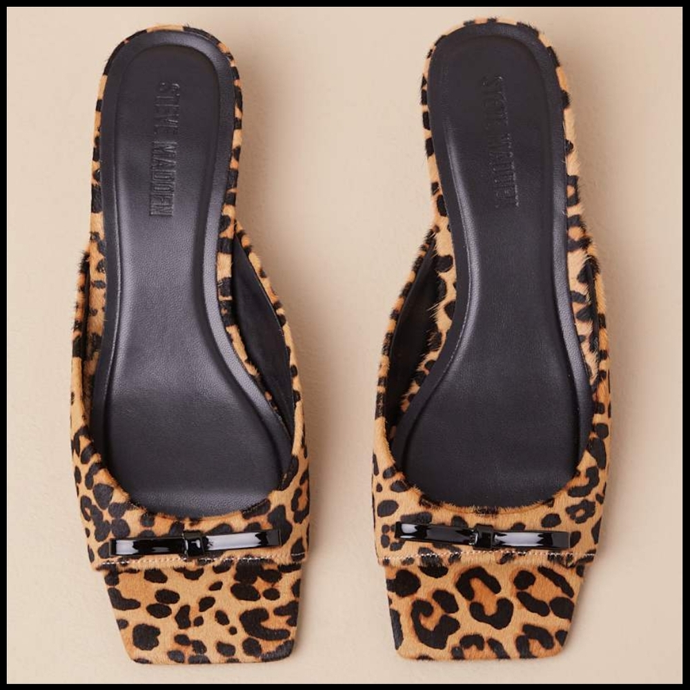 NWT Steve Madden Meme Leopard Calf Hair Mules